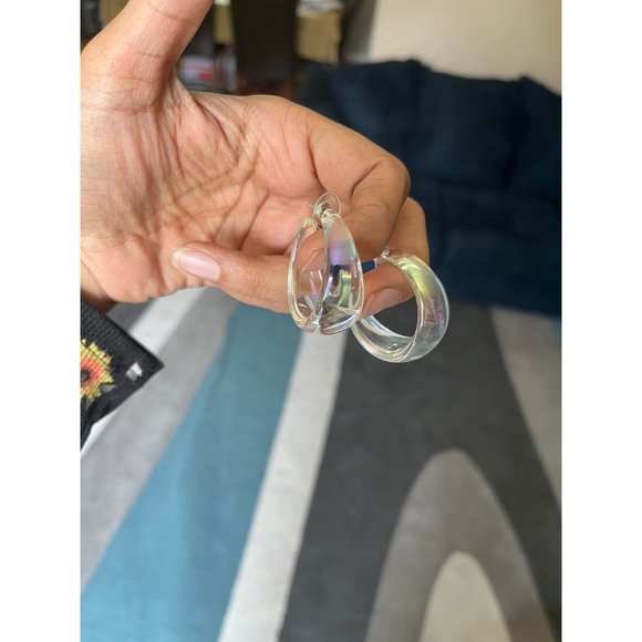 Chunky Clear Acrylic hoop earrings long white ice large holographic  iridescent - Picture 4 of 7